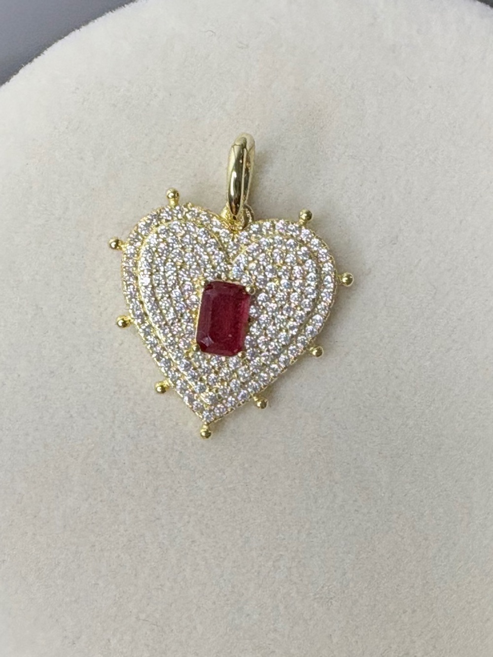 Gold heart charm w ruby gemstone & pavè cz's